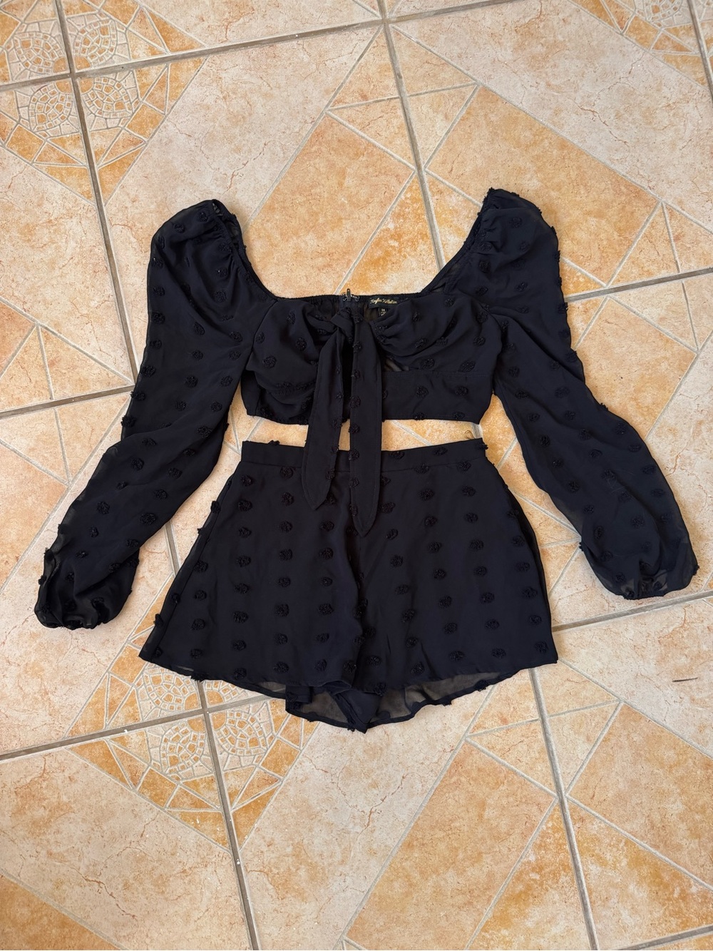 Black Long-Sleeve Tie-Front Crop Top & High-Waist Shorts Romper Set